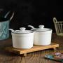 Kitchen seasoning box/Ceramic Condiment Storage Container with Wooden Pallet Oil Salt Spice Jars Box Three-Piece Set (Color : A)