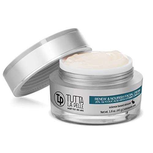Glycolic Acid Cream 20% AHA Facial Cream, Vitamin Complex – Acne Cream, q10 Anti Aging wrinkle cream, KP - Keratosis pilaris/Fine Line Cream - Day and Night Cream - Oil Free - Renew & Nourish 1.6 oz