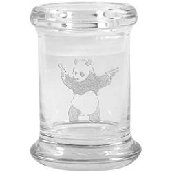 Clear Glass Herb Stash Jar and Lid 2.75 oz with Panda With Pistols Logo from Smoke Promos