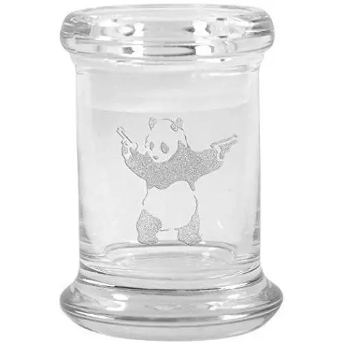 Clear Glass Herb Stash Jar and Lid 2.75 oz with Panda With Pistols Logo from Smoke Promos
