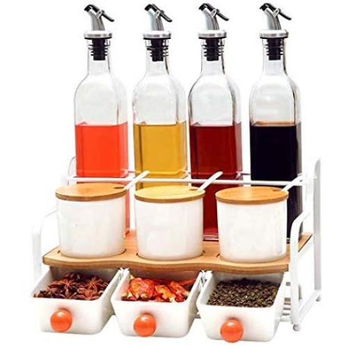 Kitchen Storage Containers Glass Spice Jars Multifunctional Storage Rack Set,Soy Sauce Wine Bottle Spice Kitchen Storage, Spice Rack with Spoon