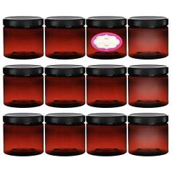 4 Ounce Empty Refillable Amber Plastic Slime/Cosmetic Jars with Lids and Labels, Round Containers for Beauty Products, Cream, Scrubs, Face Creams or Lotions- 12 Pack