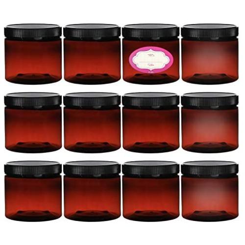 4 Ounce Empty Refillable Amber Plastic Slime/Cosmetic Jars with Lids and Labels, Round Containers for Beauty Products, Cream, Scrubs, Face Creams or Lotions- 12 Pack