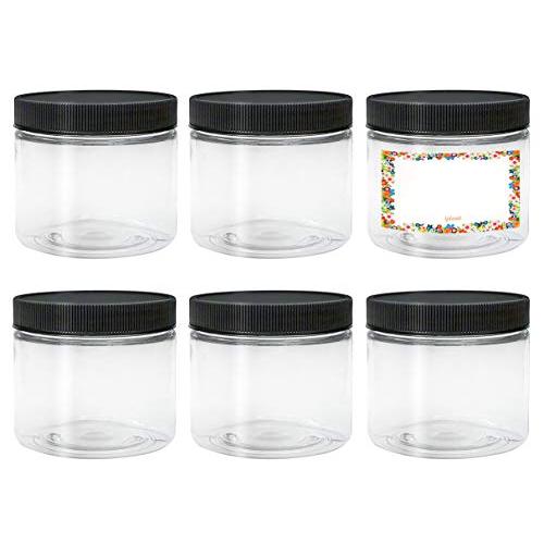 ljdeals 16 oz Clear PET Plastic Jars with Lids, Refillable Empty Round Containers, Pack of 6, BPA Free, Made in USA, 6 Labels, Perfect for Kitchen, Cosmetic, Lotion, Personal Care Products and more