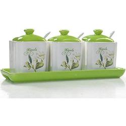 Kitchen seasoning box/Ceramic Condiment Storage Container with Pallet Salt jar Three-Piece Set (Color : A)