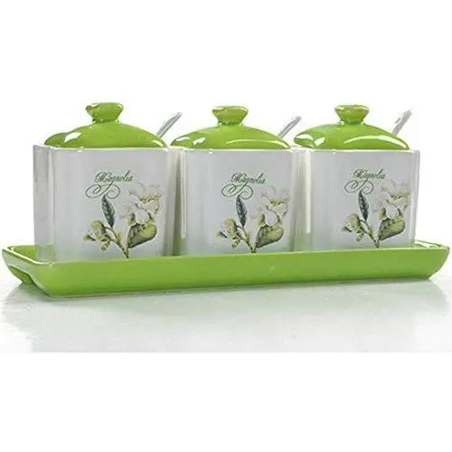 Kitchen seasoning box/Ceramic Condiment Storage Container with Pallet Salt jar Three-Piece Set (Color : A)