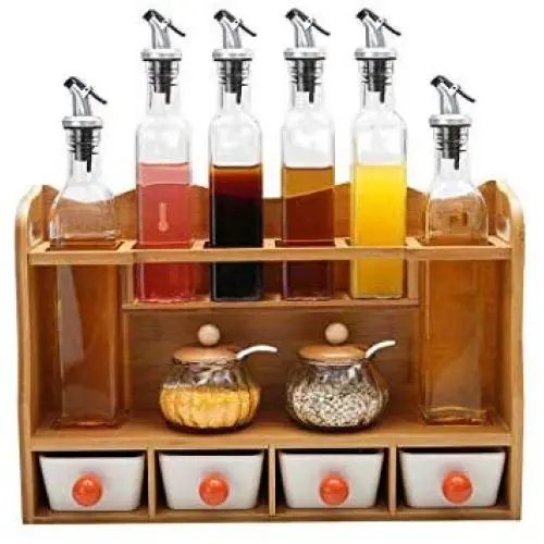 Küchen-Aufbewahrungskisten, Gewürzglas-Wandregal Set, Holzbasiertes Küchenregal für Essig, Sojasauce und Weinflaschen