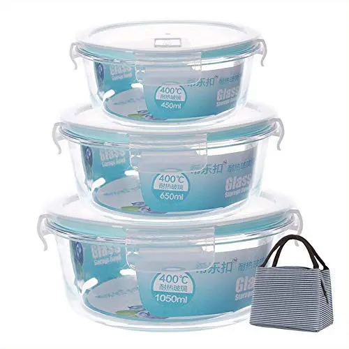 Glas Lebensmittelbehälter Set von 3 – Luftdichte Behälter, Rund, Mikrowelle, Geschirrspüler, Kühlschrank, Salat, Mittagessen, Picknick (Farbe: Klar)