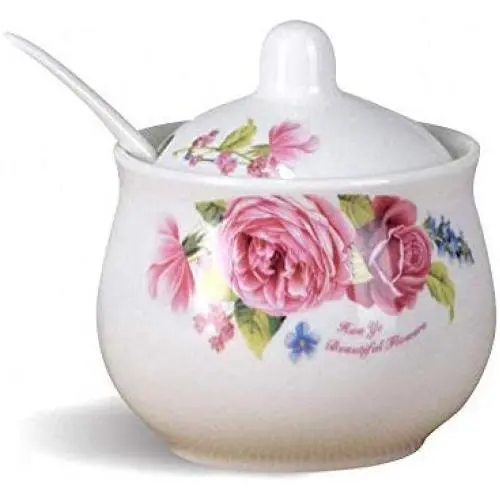 Vintage Blumennmuster Keramik Zuckerlöffel Salzgabel Gewürzbehälter Dose mit Deckel und Löffel für Zuhause Küche