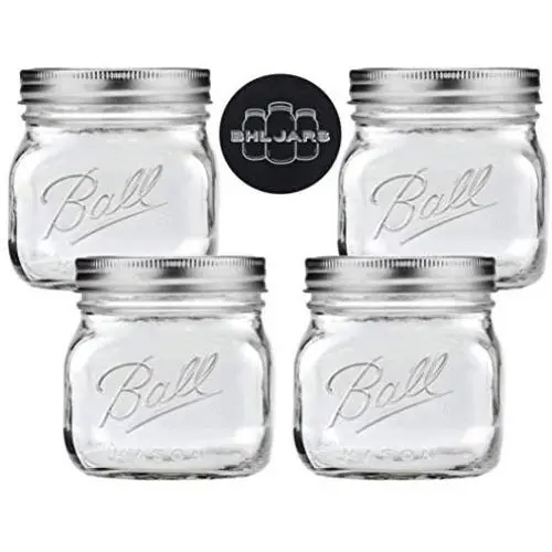 Ball 16 oz Collection Elite Wide Mouth Glass Mason Jars Bundle with Non Slip Jar Opener- Set of 4 Pint Size Mason Jars - Canning Glass Jars with Lids and Bands