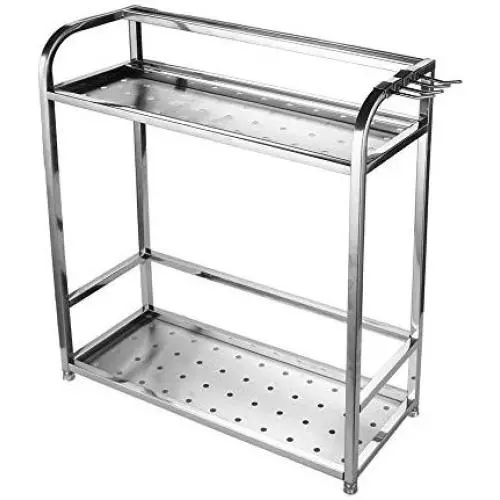 Kitchen Stainless Steel Rack,2-Tier Standing Rack Kitchen Bathroom Countertop Storage Organizer Spice Jars Bottle Shelf Holder Rack Wall-mounted Punch-free Seasoning Shelf Tool Holder with 4 Hooks Kitchen Stainless Steel Rack,2-Tier Standing Rack Kitchen Bathroom Countertop Storage Organizer Spice Jars Bottle Shelf Holder Rack Wall-mounted Punch-free Seasoning Shelf Tool Holder with 4 Hooks