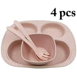 JUSTDOLIFE 4PCS Baby Plate Set Wheat Straw Heat-resistant Divided Plate Set Baby Food Plate