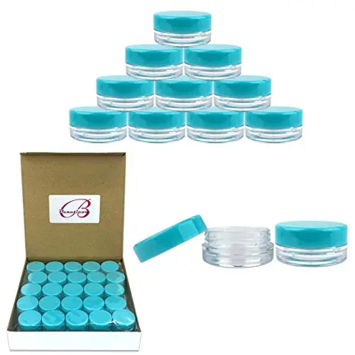 50 Stück Klar Glas Röhrchen mit Deckeln – 3 g / 3 ml – Professionelle Qualität für Kosmetik, Lotion, Cremes, Make-up, Perlen, Charms, Strasssteine, Accessoires und mehr! (Türkisfarbene Deckel)