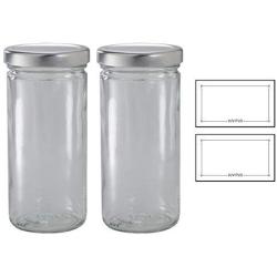 8 oz Clear Thick Glass Tall Paragon Airtight Jar with Silver Metal Cap (2 pack) + Labels for Hot and Cold Fill