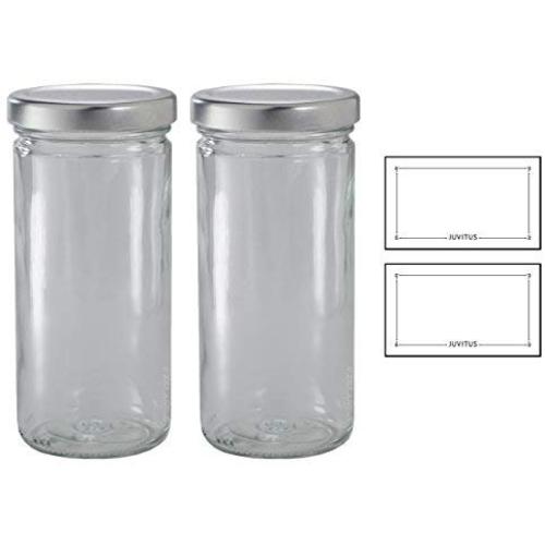 8 oz Clear Thick Glass Tall Paragon Airtight Jar with Silver Metal Cap (2 pack) + Labels for Hot and Cold Fill