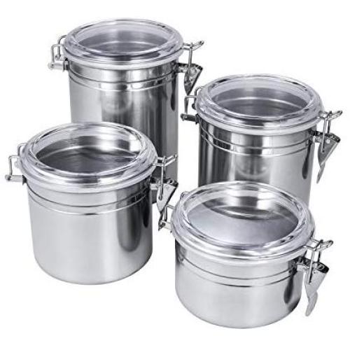 Canisters Sets for The Kitchen, 4 Pcs Stainless Steel Storage Containers for Flour, Sugar, Food and Coffee, 27oz 37oz 47oz 62oz Kitchen Canisters with Acrylic Airtight Cover For Kitchen Counter