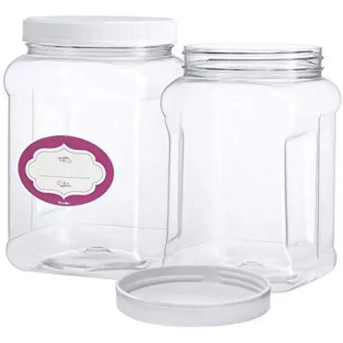 3 Pack - Half Gallon Large Clear Empty Plastic Storage Jars with Lids - Square Food Grade Air Tight Wide Mouth Container with Easy Grip Handles - BPA Free Multi-Purpose Jar