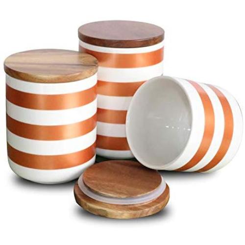 Sunddo Ceramic Coffee Tea Sugar Canister Set Food Storage with Bamboo Lid Kitchen Modern Design Porcelain Jar Container,Gift for Women,Round Orange Set of 3