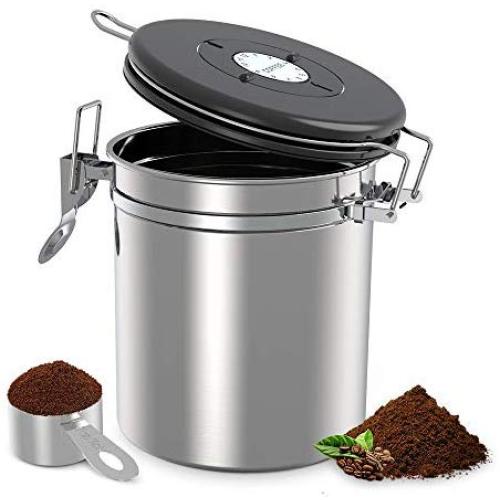 Coffee Canister, VersionTECH. Airtight Stainless Steel Container Vacuum Food Storage with co2 Valve and Scoop, Date Tracker Wheel for Whole and Ground Coffee Beans(Large)