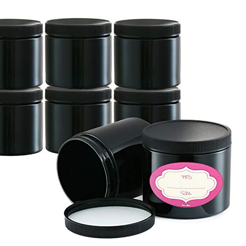 Pack of 8-16 Ounce Black Round Jars – 16 Oz Refillable Cosmetic Containers – Plastic Pots with Lids & Labels - BPA-Free - Large Empty Round Slime/for Body Butter Bath Sugar & Salt Scrubs and More