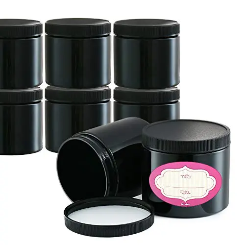 Pack von 8-16 Unzen schwarzen runden Gläsern – 16 Unzen Auffüllbehälter – Kunststoffbehälter mit Deckeln und Etiketten – BPA-frei – Große leere runden Gläser für Slime/für Körperöländer Bad, Zucker- und Salzbäder u.v.m.