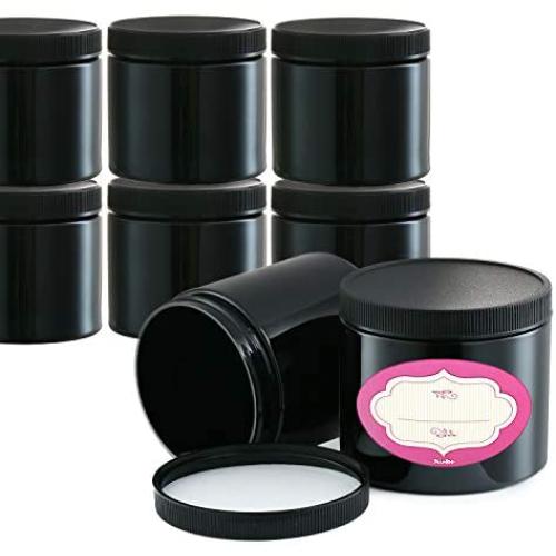 Pack of 12-8 Ounce All-Purpose Black Jars with Lids & Labels, Refillable BPA-Free Plastic Pots - Large Empty Round Cosmetic Containers for Body Butter, Bath Sugar & Salt Scrubs, Slime and More