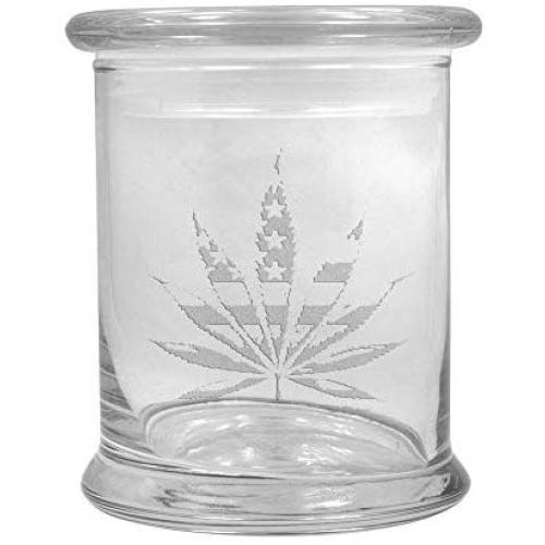 12 oz Clear Glass Herb Stash Jar and Lid with American Flag Leaf Logo