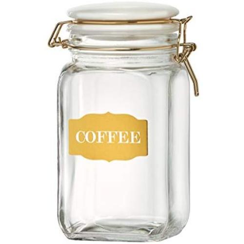 Amici Home, A7CA977R, Sunrise Collection Coffee Glass Hermetic Preserving Storage Canister, Food Safe, Gold Metal Clips, 54 Ounces