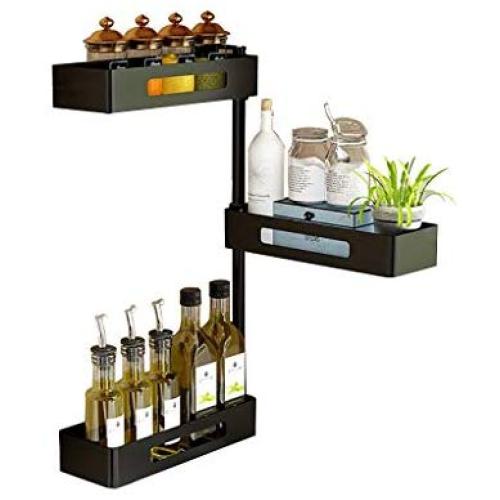 3 Tier Adjustable Kitchen Condiment Rack, Colture Rotatable 180 Degree Around Wall Mounted Kitchen Organizer Shelf for Spice Jars, Bathroom Shower Storage Shelf, (Black, Silver) (Color : Black)