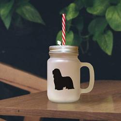 Soft Pink Bearded Collie Silhouette Frosted Glass Mason Jar With Straw