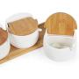 Porcelain Condiment Jars Set of 3 Ceramic Seasoning Jar Bowl Spice Sugar Container Storage Organizer with Bamboo Cap Holder & Ceramic Spoon for Kitchen Home Coffee