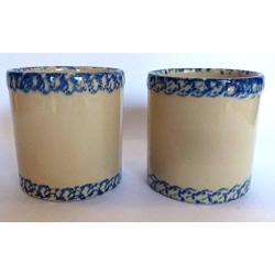 Set of 2 Gerald E. Henn Workshops Crock Canisters Roseville Sponge Ware Blue Trim