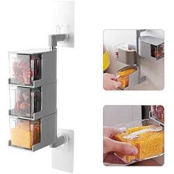 Perfuw 3-Layers Multilayer Seasoning Boxes, Wall Hanging Rotatable Seasoning Box, Transparent Wall Seasoning Container, Drawer Type Spice Box with Spoon and Cover, Condiment Storage Box, Spice Jar