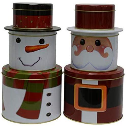 Christmas Tins with lids in nested sectional Santa and Snowman shapes, great for cookies, chocolate, candy or other treats and food storage (Set of 2)