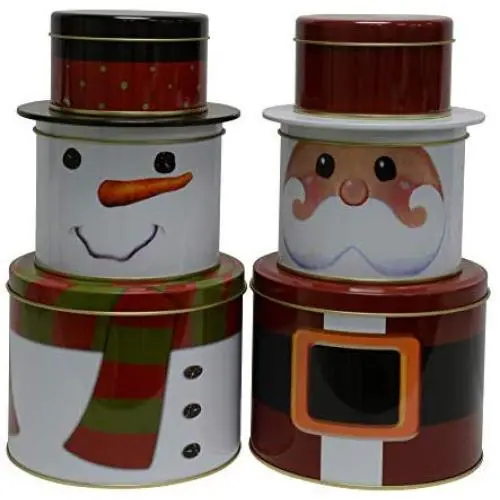Christmas Tins with lids in nested sectional Santa and Snowman shapes, great for cookies, chocolate, candy or other treats and food storage (Set of 2) Christmas Tins with lids in nested sectional Santa and Snowman shapes, great for cookies, chocolate, candy or other treats and food storage (Set of 2)
