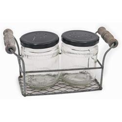 Tryer Vintage Farmhouse Rusty Zinc two Jar Holder Caddy Set with Side Handles and Large Jar Shakers for Salt and Pepper