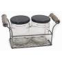 Tryer Vintage Farmhouse Rusty Zinc two Jar Holder Caddy Set with Side Handles and Large Jar Shakers for Salt and Pepper