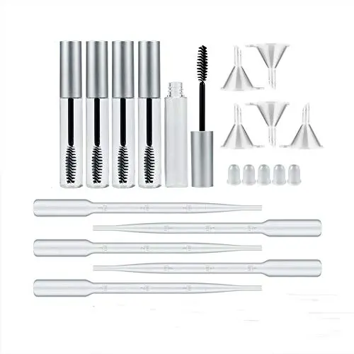 5er Pack 10ml Mascara Flasche mit Eyelash-Bürste und Augenbrauenflasche, Gummistopfen, leere Behälter mit Deckel-Funneln und Transfer-Pipetten Set für Castoröl, DIY Mascara Behälter (Silber)