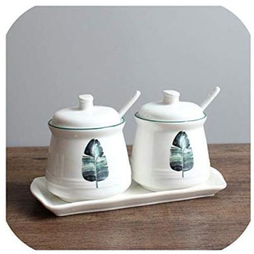 2 Piece Set Combination Nordic Ceramic Seasoning Jar Kitchen Supplies Storage Tank Household Oil Salt Cans Sugar Cans for Gift,II(WITH TRAY)