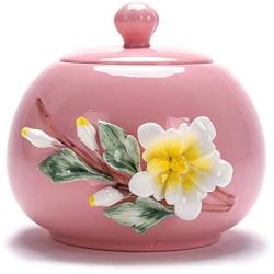 Cool Lemon 3D Flower Ceramic Ornaments Candy Snack Food Tank Jars Containers Storage Canister Lidded Cookie Jar Decorative Jar Jewelry Box for Home Decoration (Big,Pink)