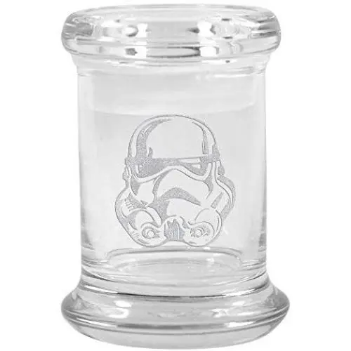 Clear Glass Herb Stash Jar and Lid 2.75 oz Storm Trooper Logo from Smoke Promos