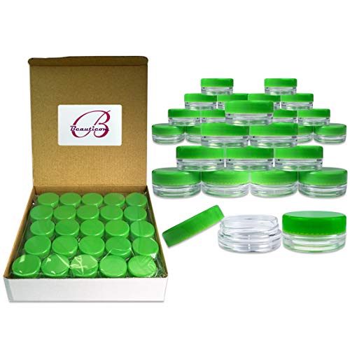 (Quantity: 100 Pieces) Beauticom 3G/3ML Round Clear Jars with GREEN Lids for Scrubs, Oils, Toner, Salves, Creams, Lotions, Makeup Samples, Lip Balms - BPA Free