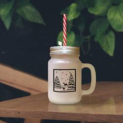 Maroon Deer With Christmas Tree Frosted Glass Mason Jar With Straw