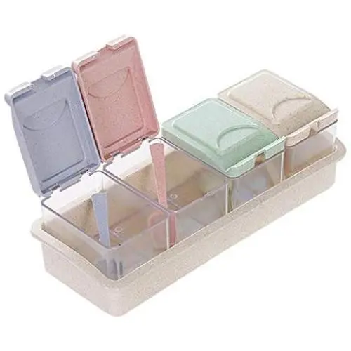 Gewürzsäulen Set Spice Jars Behälter Gewürzbehälter aus Stroh mit Löffel, 4-Fächers Spice Box Organizer zur Aufbewahrung von Gewürzen und Soßen