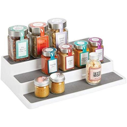 mDesign Plastic Spice and Food Kitchen Cabinet Pantry Shelf Organizer - 3 Tier Storage - Modern Compact Rack - Holds Spices/Herb Bottles, Jars - for Shelves, Cupboards, Refrigerator - White/Gray