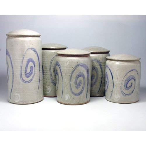 Pottery Kitchen Storage Jar Set of Five Stoneware Covered Jars