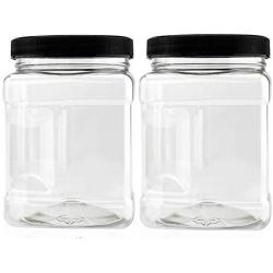 Reg Mouth Jars 32 Oz Plastic Clear Bottles Containers, Airtight Leak-Proof Lids Black Caps, Perfect for Storing Food - Pack of 2