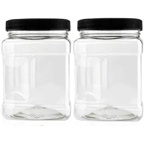 Reg Mouth Jars 32 Oz Plastic Clear Bottles Containers, Airtight Leak-Proof Lids Black Caps, Perfect for Storing Food - Pack of 2