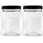 Reg Mouth Jars 32 Oz Plastic Clear Bottles Containers, Airtight Leak-Proof Lids Black Caps, Perfect for Storing Food - Pack of 2