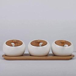 Kitchen seasoning box/Ceramic Condiment Storage Container with Bamboo Tray Golf Salt jar Three-Piece Set